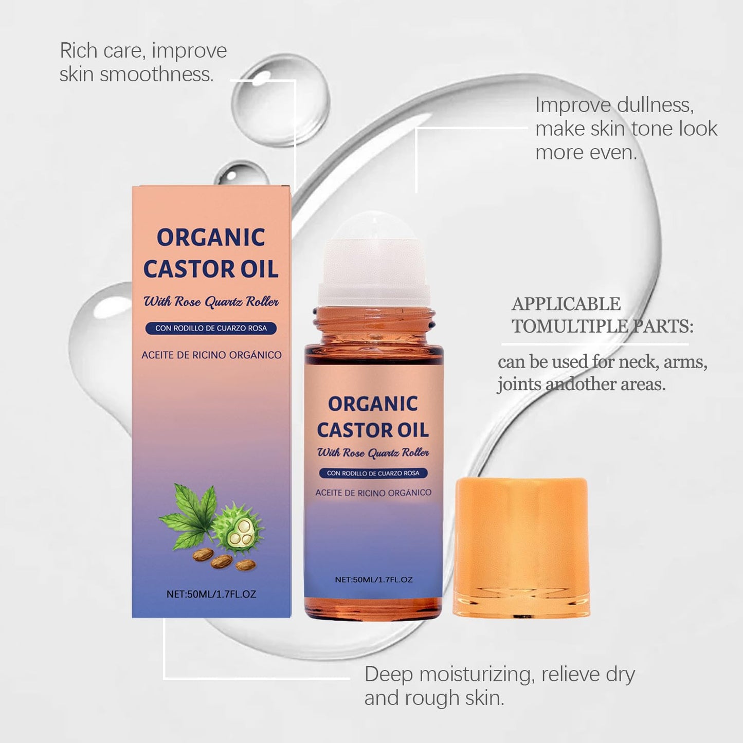 Generic Organic Castor Oil with Rose Quartz Roller, 50ml Organic Castor Oil Roll On, Natural Ingredients, Gently Nourishes Skin, Deep Hydration & Smoothing, for Belly, Face, Body, 1.7 fl oz