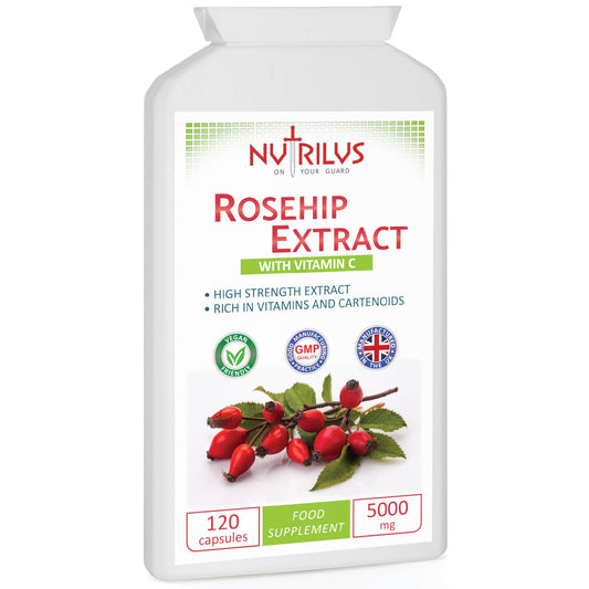 Rosehip Extract 120 Capsules 5000mg - High Strength Vegan Supplement - Rosa canina with Vitamin C - Bones & Cartilage - UK Made