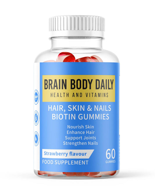 Brain Body Daily Hair, Skin and Nails Vitamin Gummies with Biotin, Vitamin C and E, Collagen - Biotin Gummies for Hair Growth 60 Gummies. Promotes Thicker Hair, Reduces Breakage, Stronger Nails and Glowing Skin.