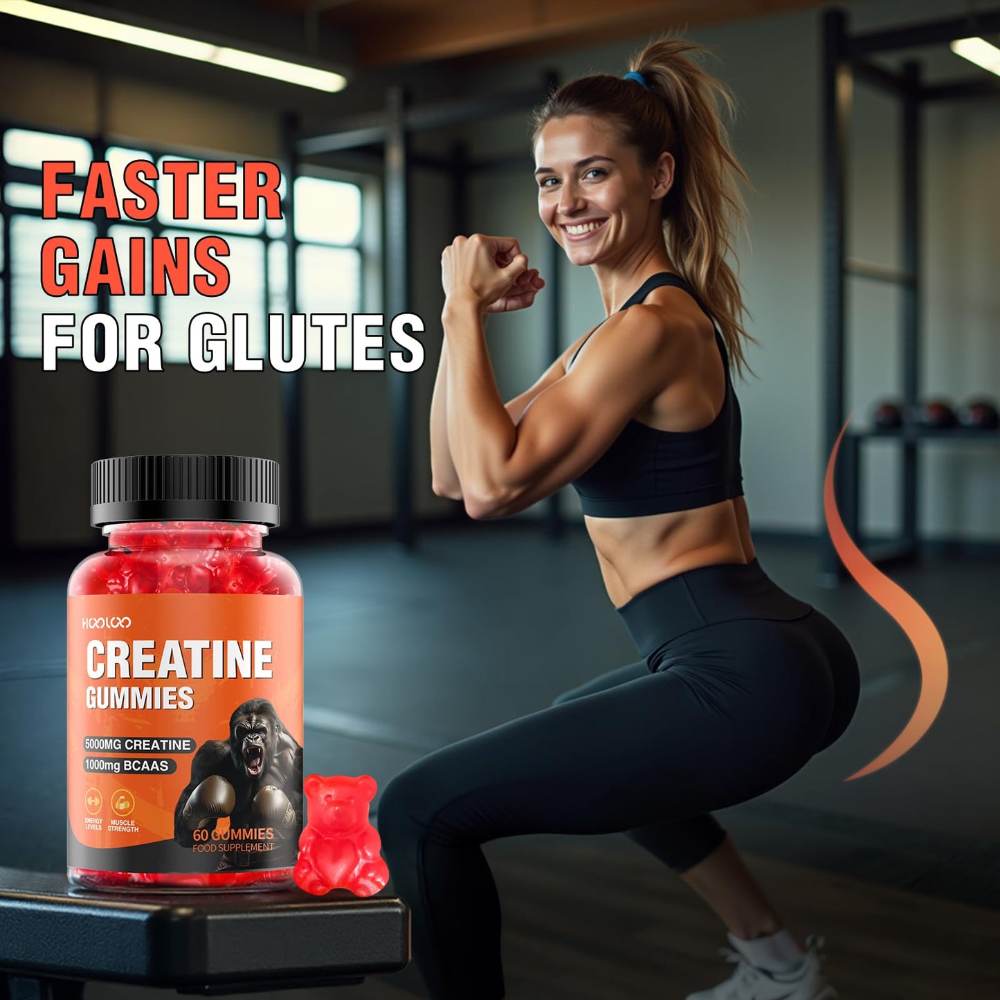 HOOLOO Creatine Gummies 5000mg Creatine Monohydrate with 1000mg BCAAs per Serving for Men & Women, Vegan & Sugar-Free, Easy Pre/Post Workout Gym Support for Performance and Muscle Power, 60 Count