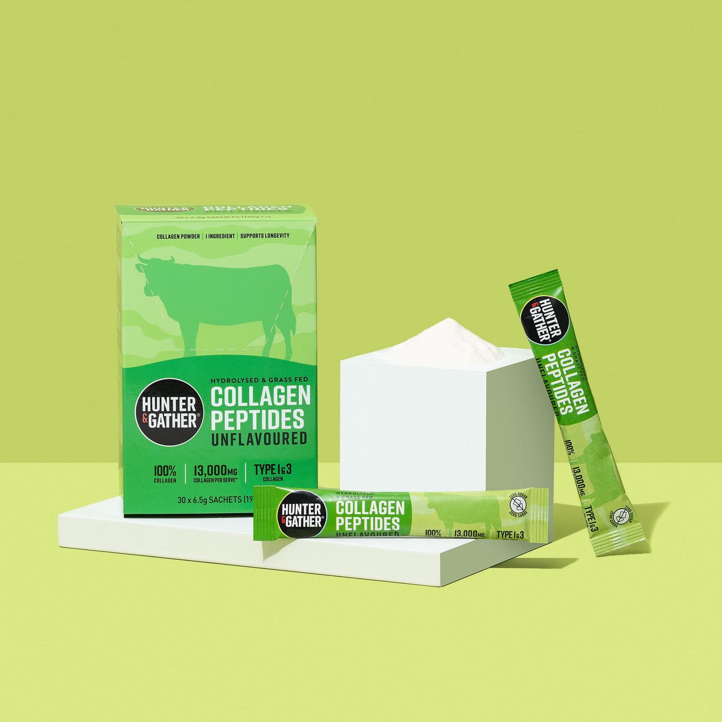 Hunter & Gather Bovine Collagen Powder 30 x 6.5g Sachets | Pure Unflavoured Premium Hydrolysed Bovine Collagen Peptides Powder for Hair Skin Nails Muscles | Collagen Supplements for Women and Men