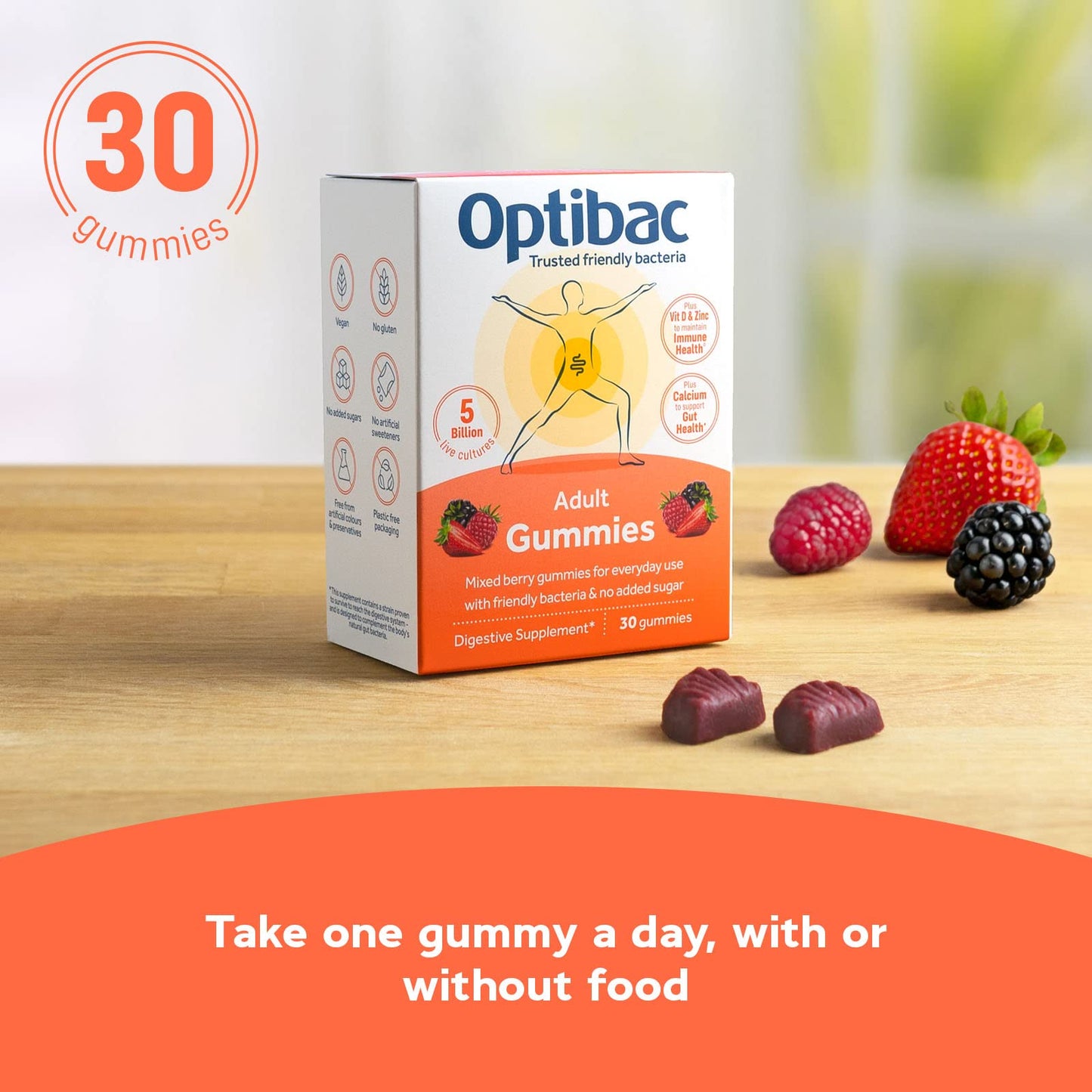 Optibac Probiotics Adult Gummies - Vegan Digestive Probiotic Supplement with Vitamin D, Zinc & Calcium for Immune Support & Gut Health - 5 Billion Bacterial Cultures - 30 Gummies