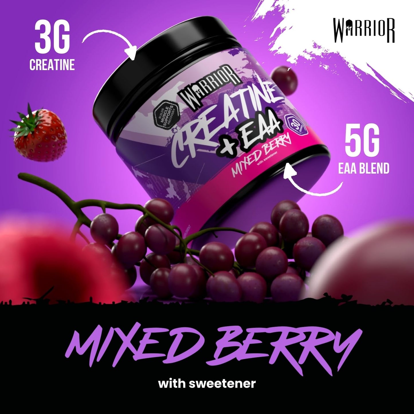 Warrior Creatine Monohydrate Plus EAA – 30 Servings Muscle Recovery & Support Formula with Performance Supplement Essential Amino Acid Powder Pre and Post Workout 270g Mixed Berry Flavour