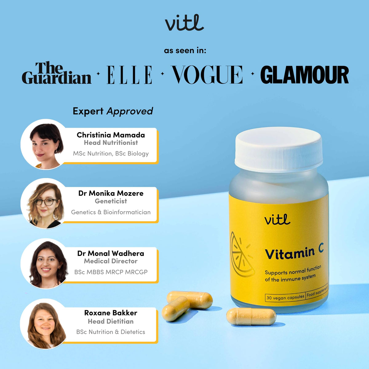 VITL Vitl Vitamin C 500mg Supplement - 30 Vegan Easy to Swallow Capsules - Support Normal Functioning of the Immune System - 1 Month Supply