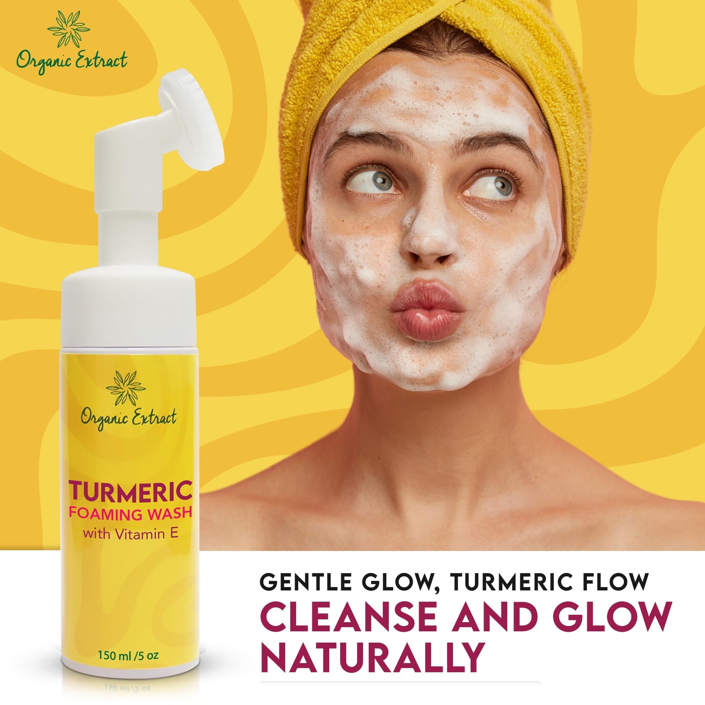 ORGANIC EXTRACT Turmeric Skin Brightening Face Wash – 5 fl oz / 150ml – Daily Moisturizer, Gentle Facial Cleanser for All Skins with Kojic Acid, Vitamin E, and Aloe Vera