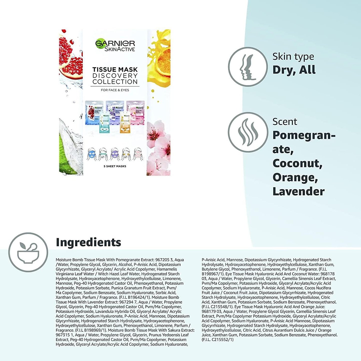 Garnier Sheet Mask Discovery Collection, Face & Eye Sheet Mask set for Dehydrated, Dull and Tired Skin, with glycerin and hyaluronic acid - Pack of 5 Sheet Masks