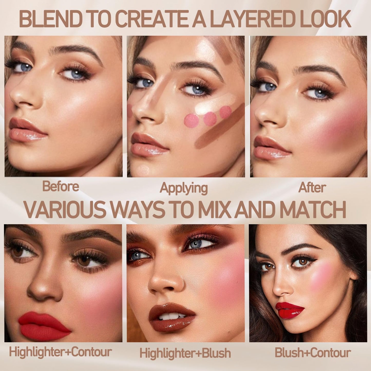 Ceboic 3Pcs Contour Highlighter Blush Stick, Bronzer Beauty Wand with Brush, Waterproof Long Lasting Cream Concealer for Sculpt the Cheeks, Lightweight Smooth Face Makeup Contouring Stick Set for All Skin