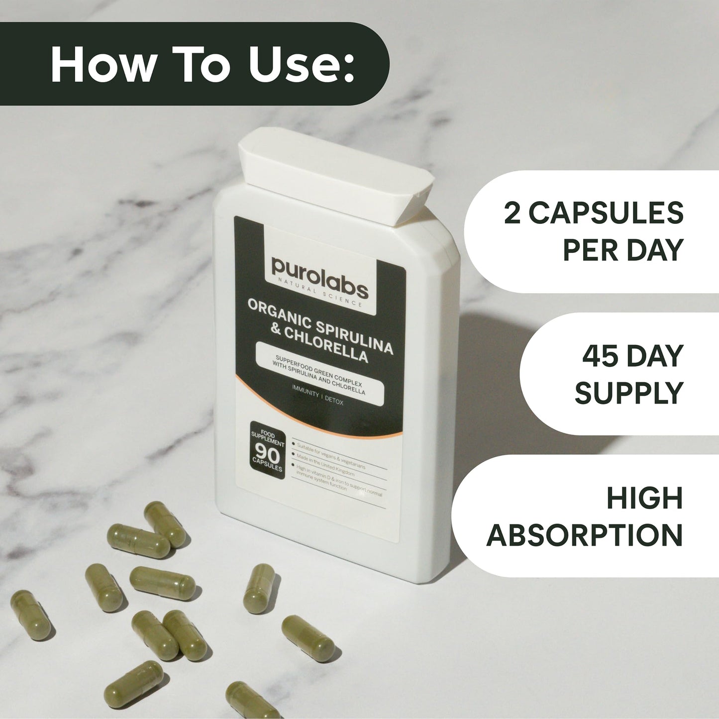 Certified Organic Spirulina & Chlorella Capsules | 1000 mg per serving | Nutrient-Dense Superfoods For Immune Support & Detox | 90 Capsules 100% Plant-Based | by Purolabs