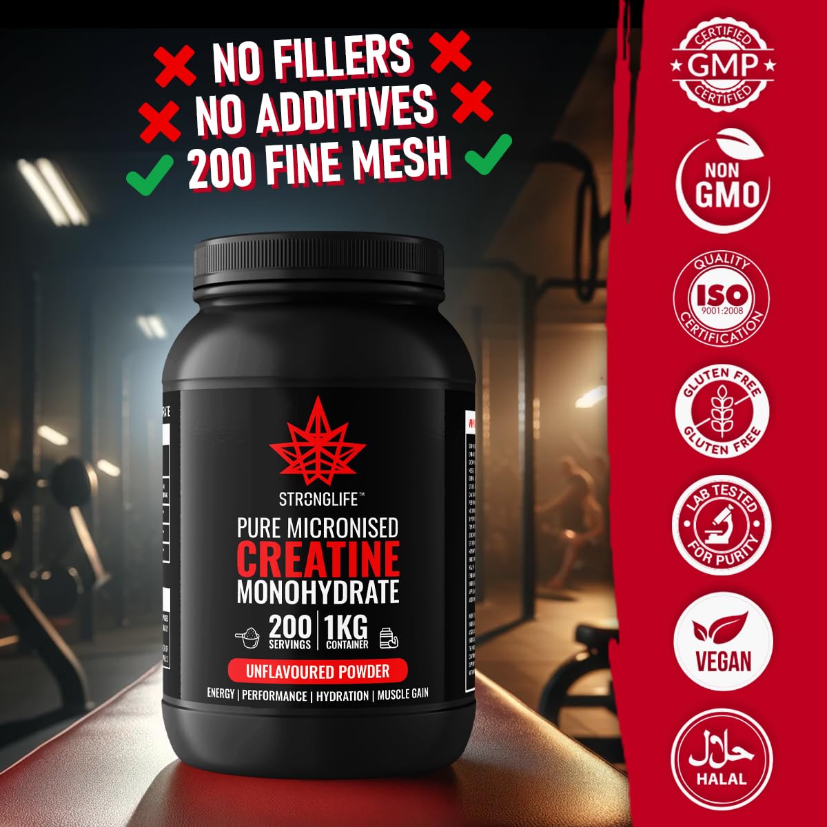 Creatine Monohydrate Powder by Stronglife - 1000 Grams (1KG), 200 Servings at 5 Grams, Micronised, Pure 200 Mesh, Unflavoured - Enhances Muscle Performance Power & Recovery