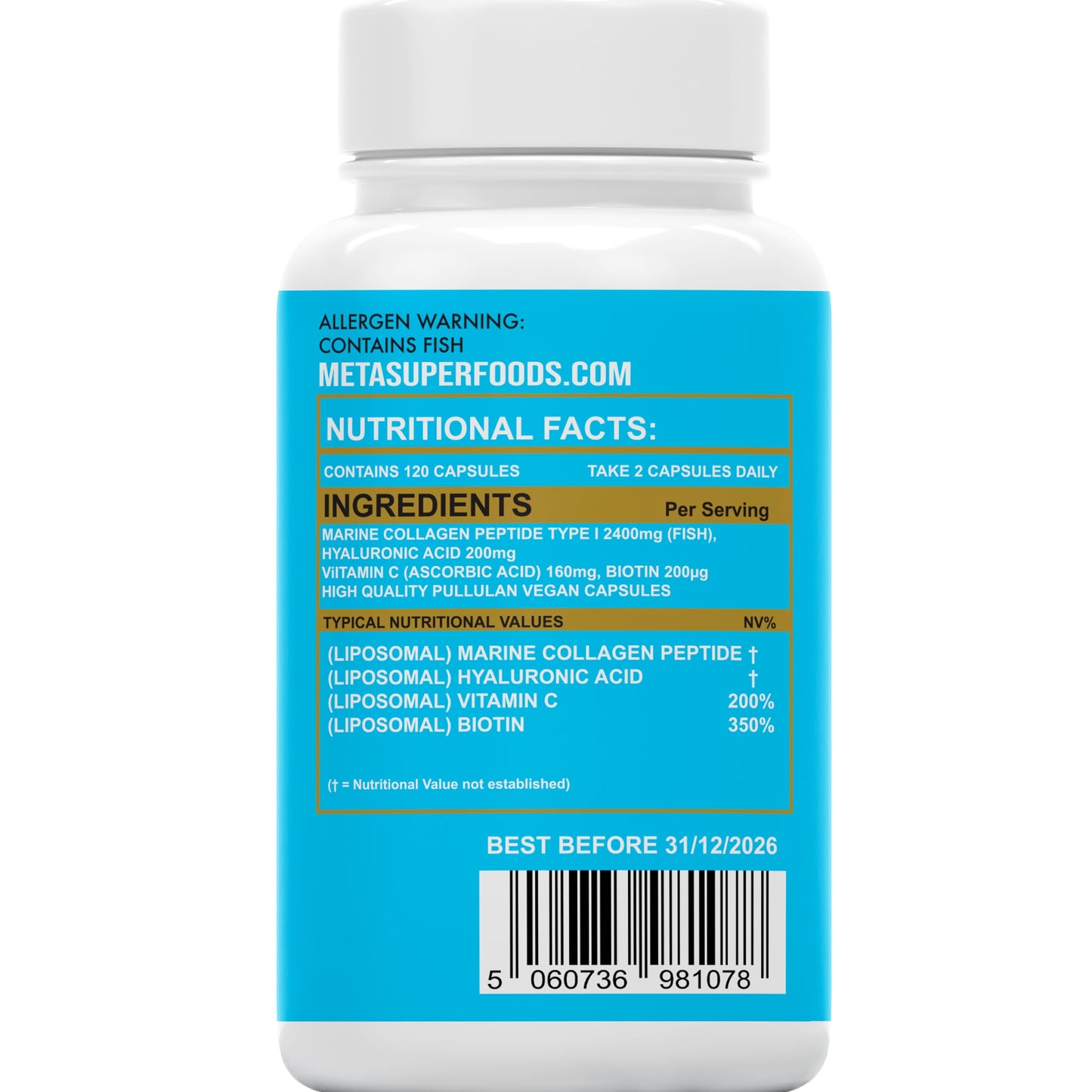 Liposomal Marine Collagen 120 High Strength Collagen Capsules 2760mg Hyaluronic Acid Vitamin C & Biotin | Collagen Supplements for Women & Men (Halal)