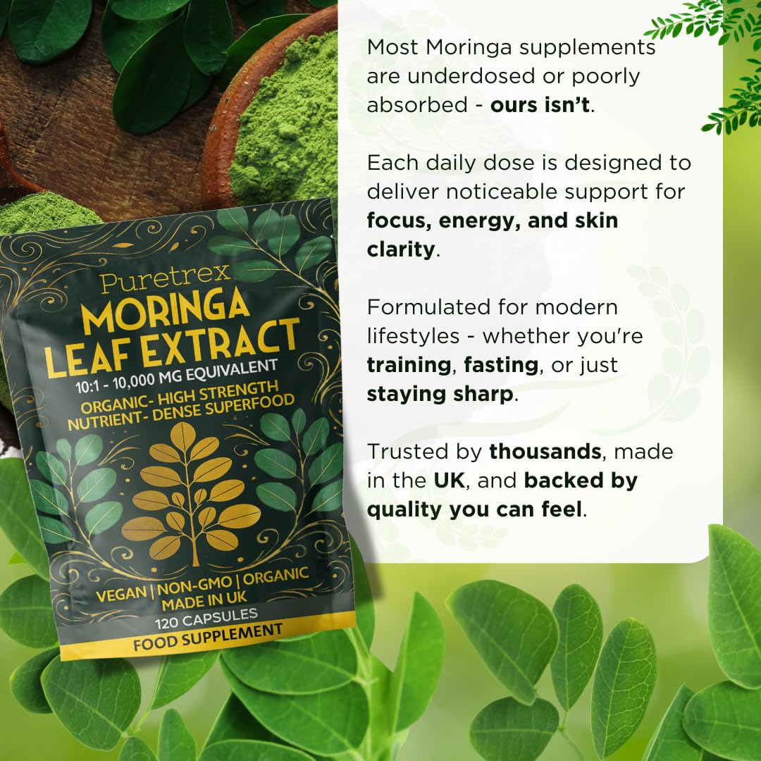 Puretrex Moringa Leaf Extract 10,000mg | 120 Vegan Capsules | Organic, Non-GMO | High Strength Superfood Supplement | Made in UK | Natural Energy & Immunity Support
