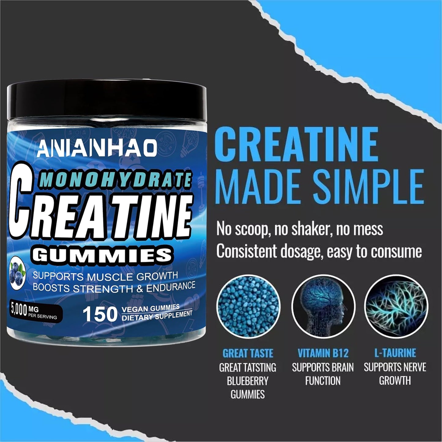 ANIANHAO Creatine Gummies 5000mg 150 Gummies Creatine Monohydrate Gummies - Berry Flavoured Creatine - Pre Workout Gym Supplement for Men & Women - Vegan Chews Chewable Max recommneded Strength (2Bottle)