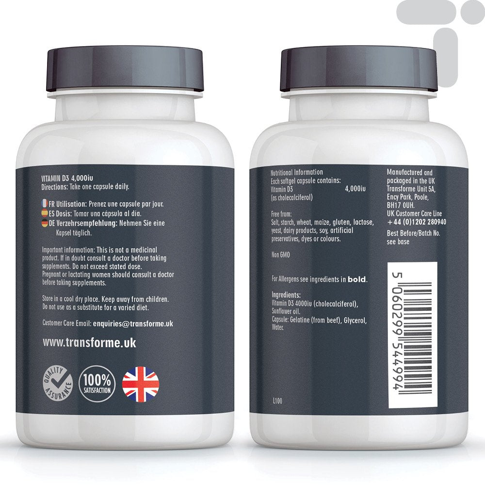 Transforme Vitamin D3 4000 IU, 365 Capsules 1 Year Supply, Maximum Strength High Absorption Softgels, Easy to Swallow Quadruple Strength VIT D3 Cholecalciferol - Not Tablets, Gluten Free
