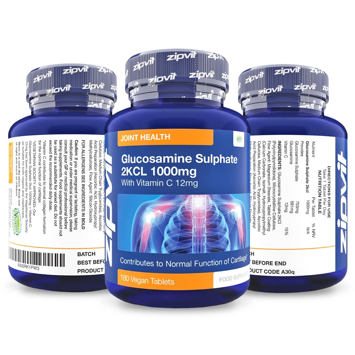 Glucosamine 2kcl 1000mg with Vitamin C, 180 Vegan Glucosamine Sulphate Tablets. Maintains Normal Joint Cartilage. 6 Months Supply, UK Manufactured Glucosamine Sulphate 1000mg.