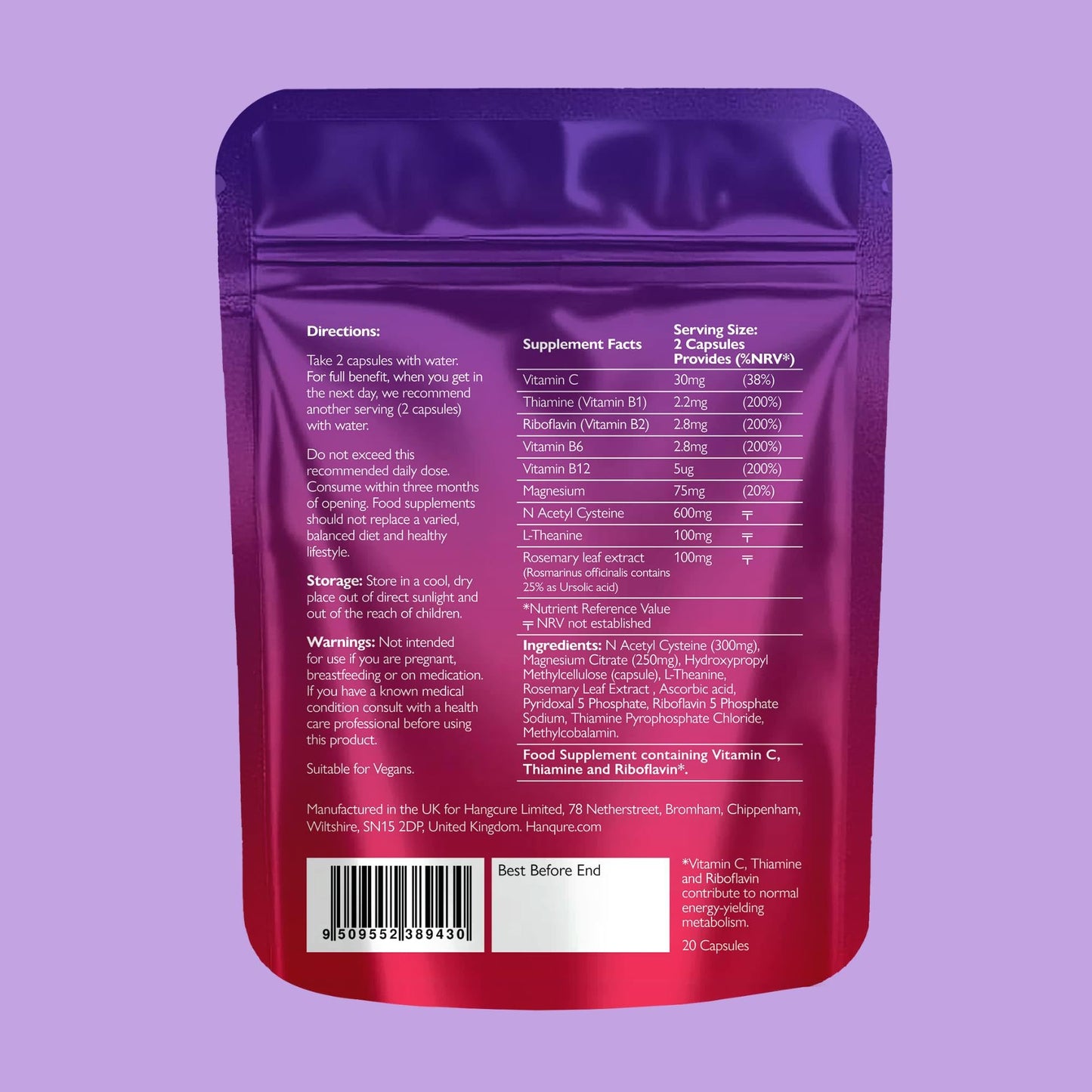 HANQURE Hanqure Rebound, Includes Vitamin B1, B6, B12, & C, Magnesium + Rosemary Leaf Extract | Food Supplement, 20 Vegan Capsules, Made in The UK