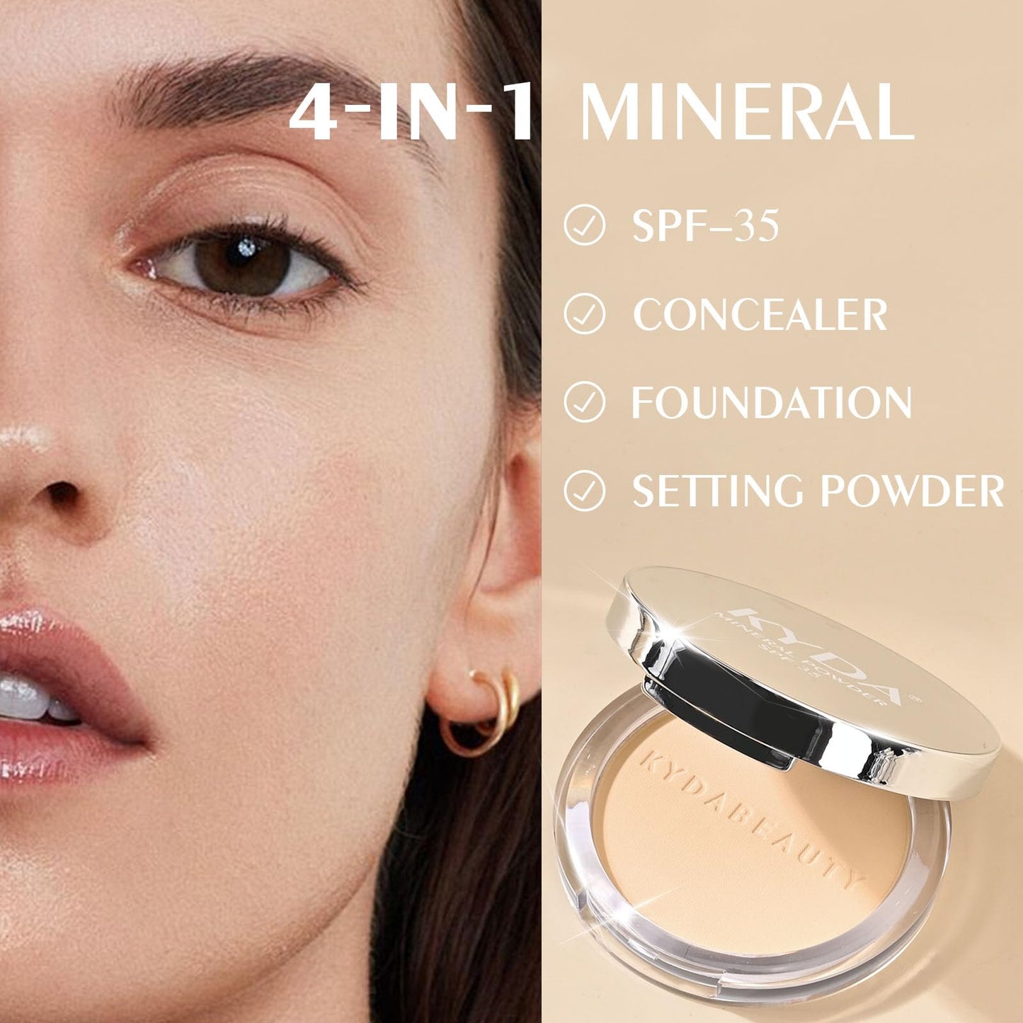 KYDA Mineral Powder SPF 35, 4-in-1 Pressed Mineral Powder, Matte Setting Powder with Concealer and Foundation, Lightweight Flawless Coverage, Skin Care Formula, Medium
