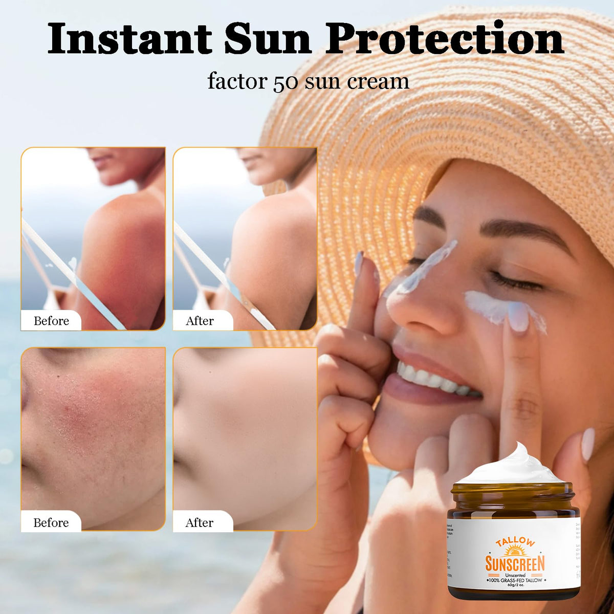 HERBINSOLS Beef Tallow Sunscreen Spf 50 - Organic Sun Cream 100% Grass-Fed Tallow - Instant Sun Protection Cream For Face & Body - Lightweight Moisturizing Sun Screen For Women, Men Ourdoor Daily Defence