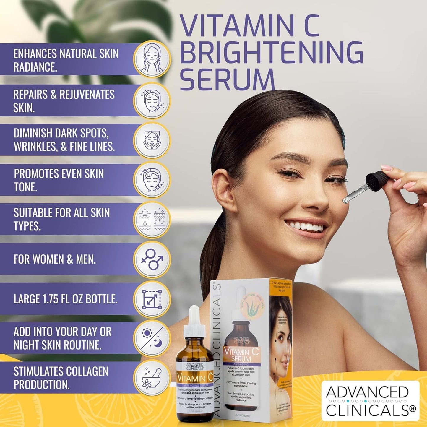 Advanced Clinicals Brightening Vitamin C Face Serum Anti Aging Eye Serum | Potent Vitamin C Face Moisturizer Acne Facial Serum For Dark Spot Treatment, Wrinkle Repair, & Uneven Skin Tone, 1.75 Fl Oz