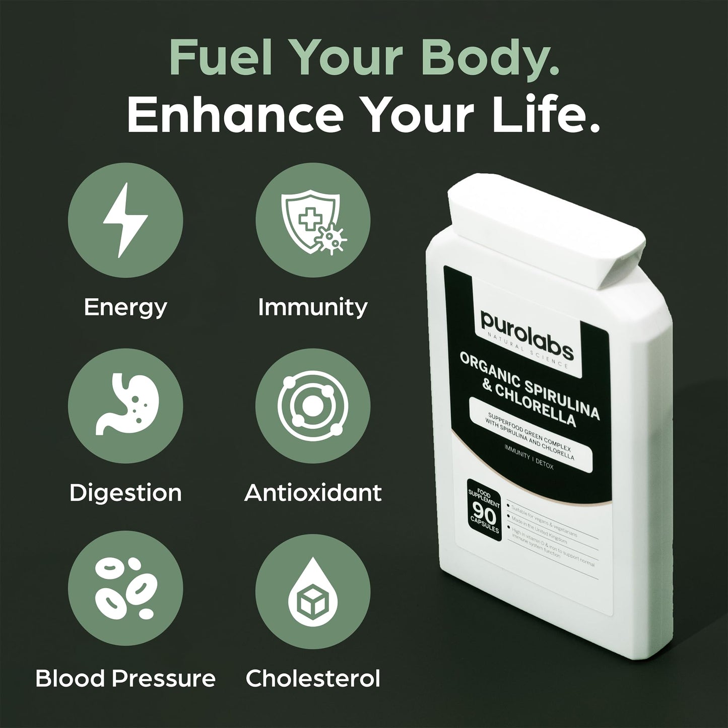 Certified Organic Spirulina & Chlorella Capsules | 1000 mg per serving | Nutrient-Dense Superfoods For Immune Support & Detox | 90 Capsules 100% Plant-Based | by Purolabs