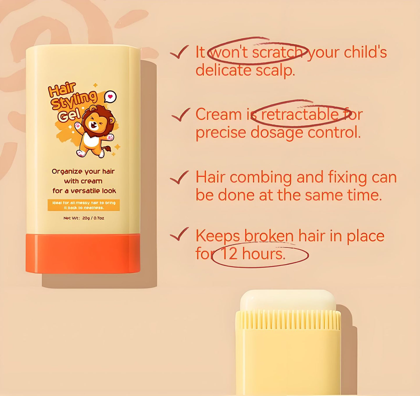 Generic 2-in-1 Hair Wax Stick with Built-in Comb for Kids - Slick Back Hair Brush, Gummy Hair Gel, Moisturizing Non-Greasy Formula, Compact & Portable Styling Stick