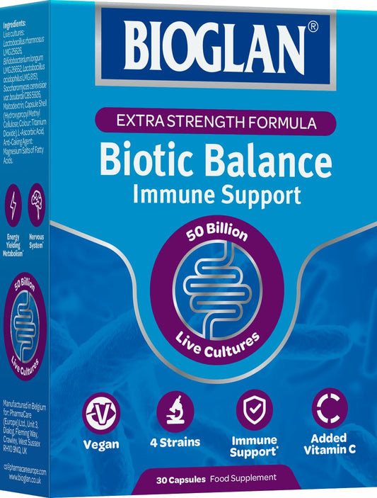 Bioglan Biotic Balance 50 Billion CFU, with Vitamin C for Digestive Health and Immune Support, Super Strength, 4 live strains, fridge free, one month supply - 30 capsules