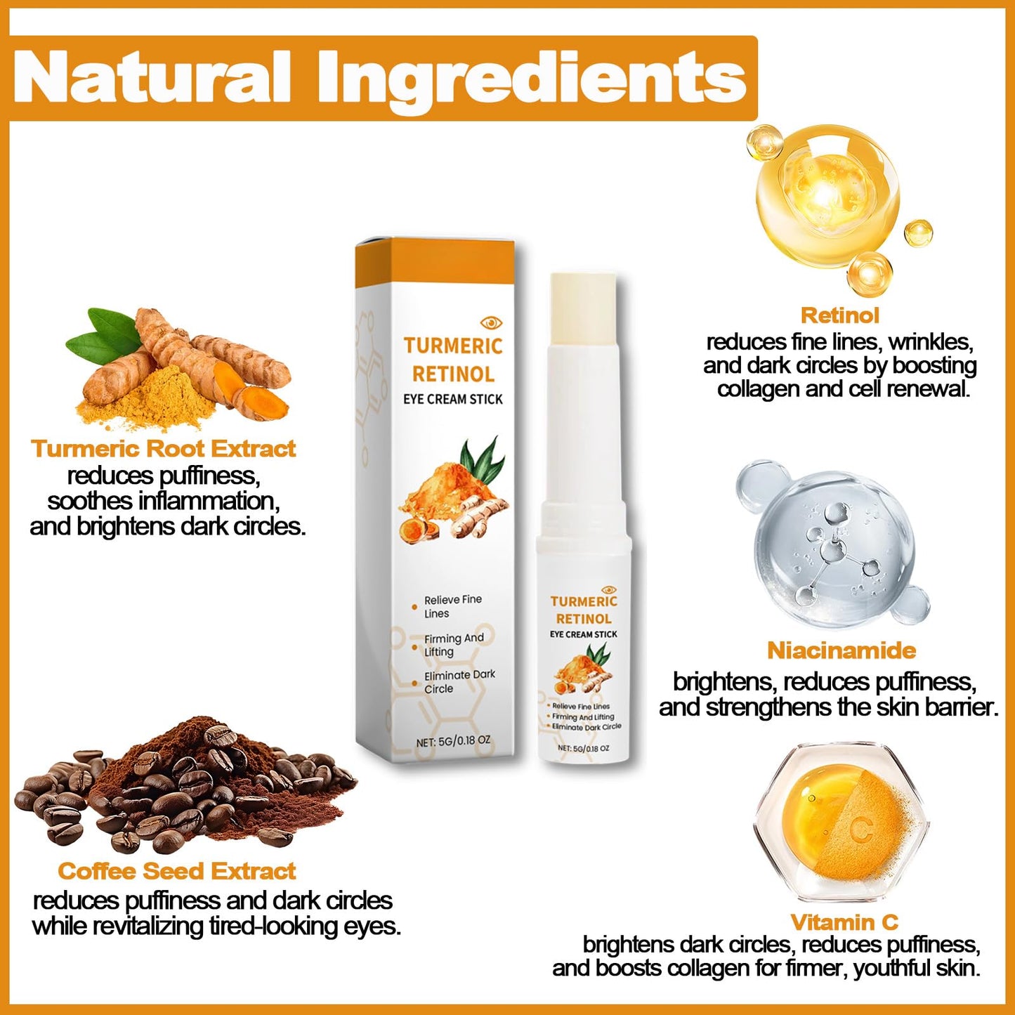 Trendyfave Turmeric Retinol Eye Stick, Eye Cream For Dark Circles And Puffy Eyes, Eye Cream Anti Aging,For Fine Lines,Eye Bags Remover, Anti Wrinkle,Dull Eye Skin, Moisturizing, Firming, Hydrating,3pcs