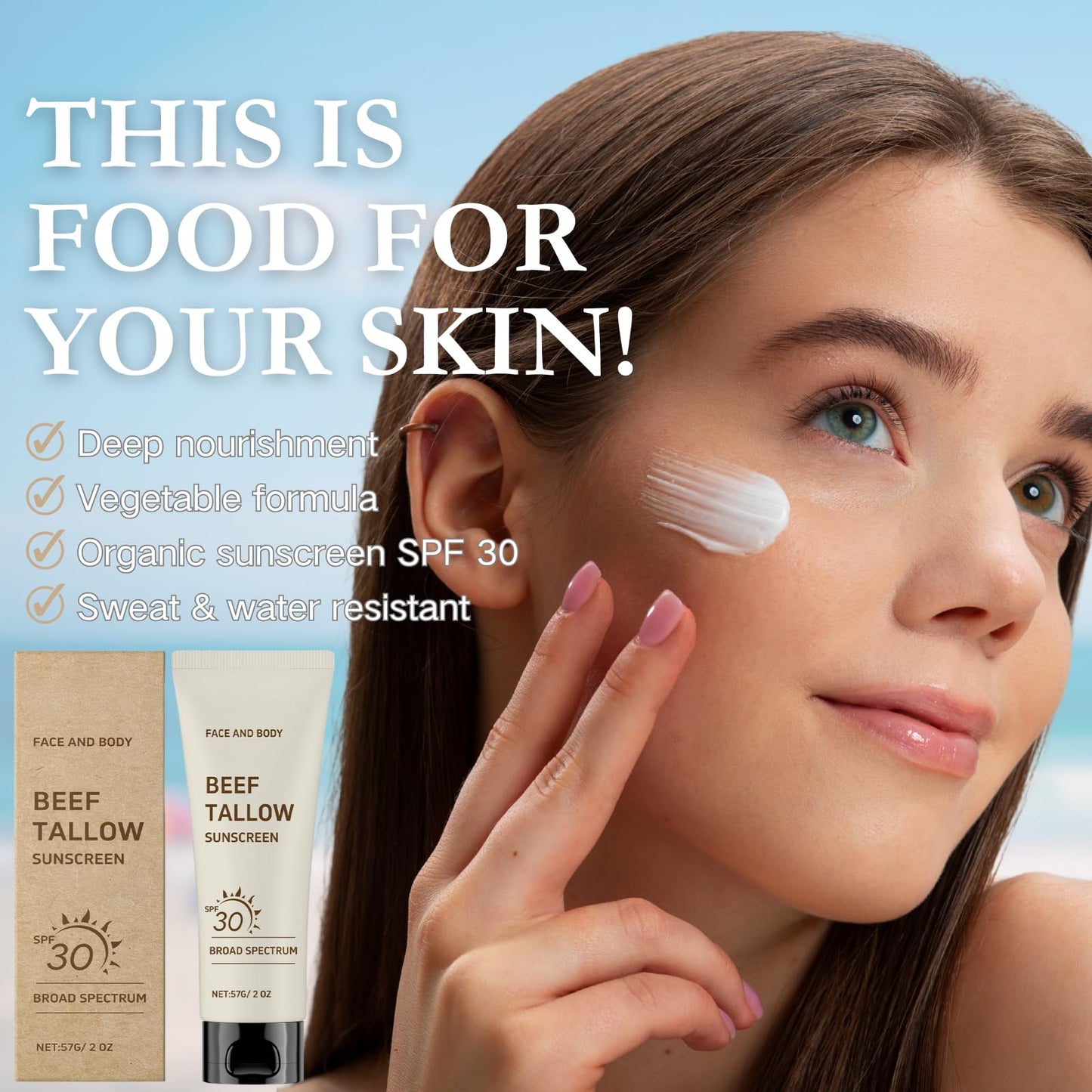 Trendyfave Grass-Fed Tallow Sunscreen Spf 30, Organic Face Sun Cream, Suncream Instant Sun Protection, Spf 30 Tallow Face Moisturiser, Non-Greasy, Reef-Safe Formula For FacE & Body | 57g Travel-Friendly