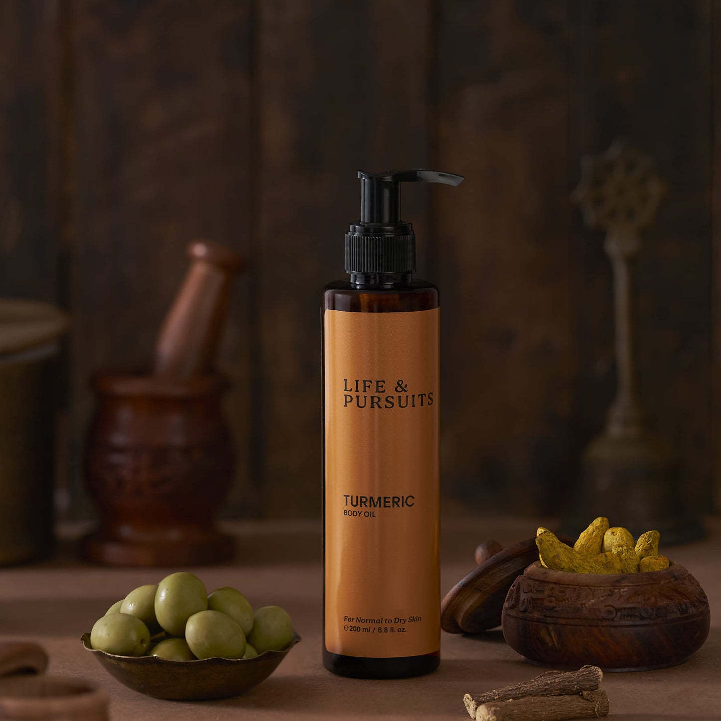 Life & Pursuits Turmeric Body Oil (200ml), Ayurveda Massage Oil for Skin, Skin Brightening Oil for Dark Spots, Made with Organic Coconut Oil, Argan Oil, Almond Oil, and Squalane
