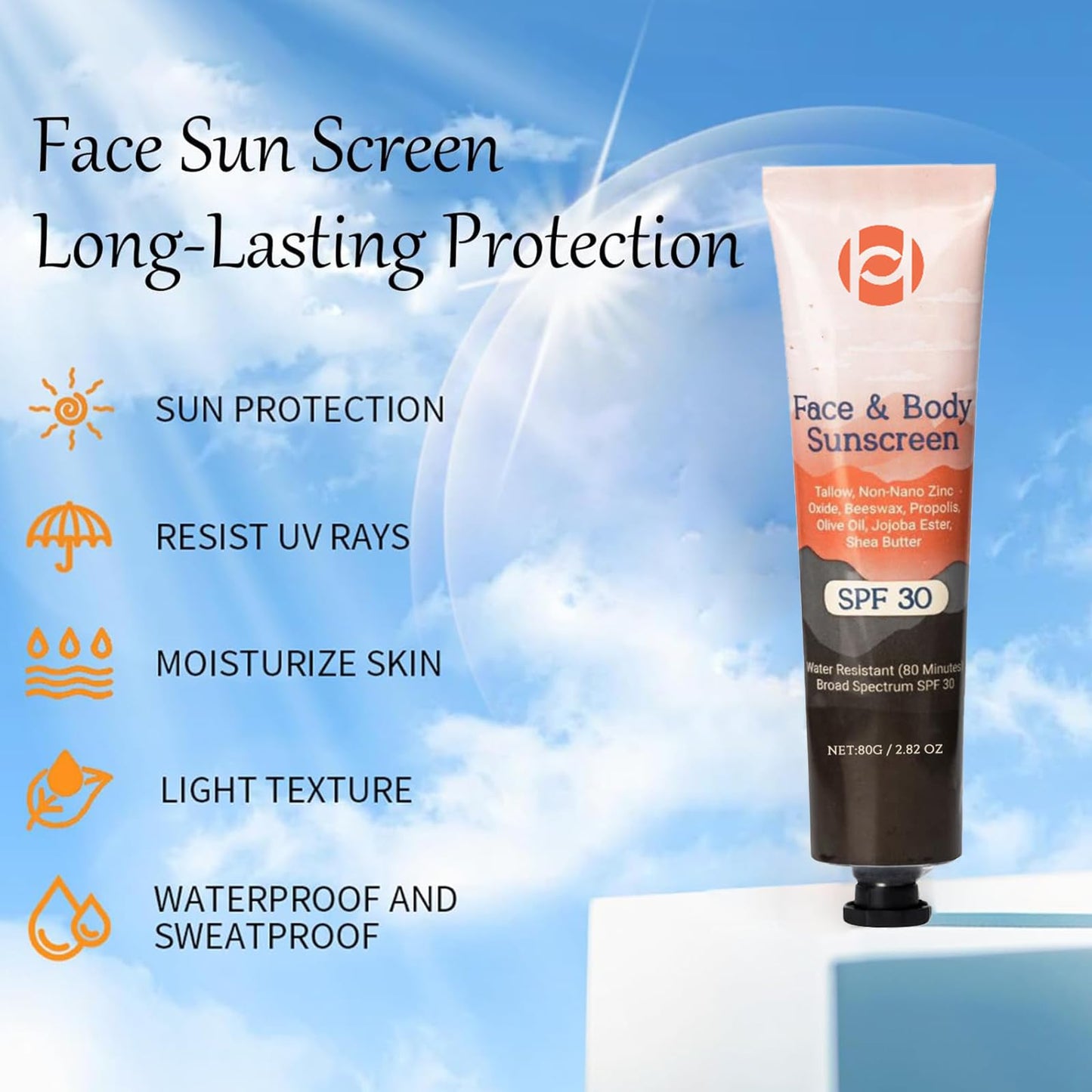 TBeautfave 2PCS Beef Tallow Sun Screen SPF 30, Natural Mineral Sunscreen SPF 30 - Natural Tallow & Zinc Oxide, Organic Sunscreen for Face & Body, Moisturizing Hydrating, No Sticky, Lightweight, 2PCS*80g