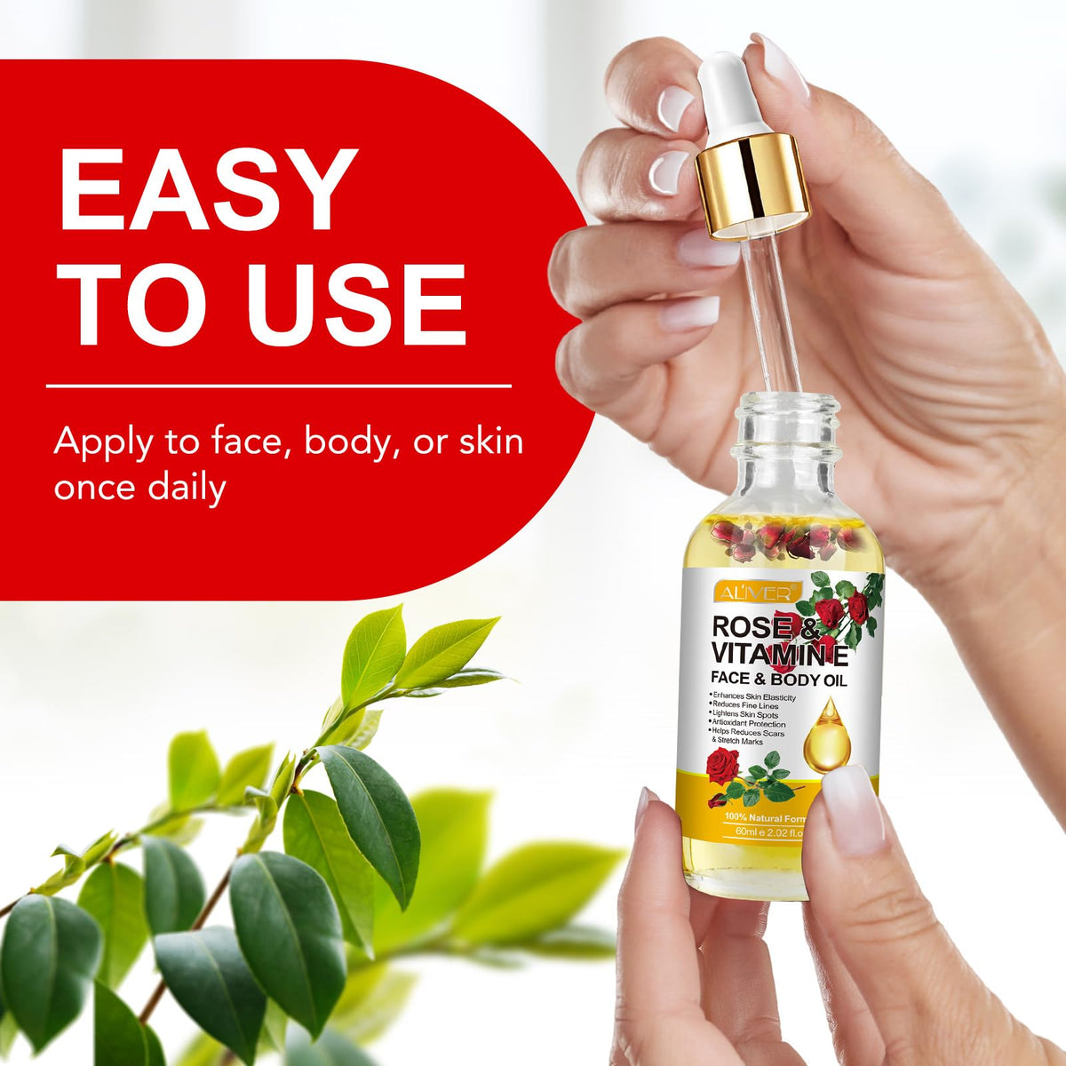 RoongDuuDll Rose Oil for Face with Rose Petal Flower, Vitamin E Oil for Anti-aging, Scars & Stretch Mark, Gua Sha Face Oil, Natural Massage Body Oil Scented for Dry Skin, Scalp and Nail - 60ml