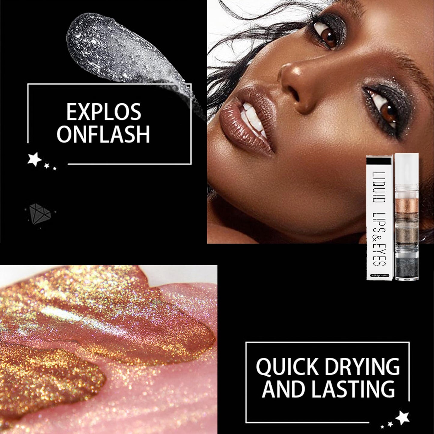 HAORQEE Glitter Eyeshadow, Brown Black Gold Shimmer Liquid Eye Shadow, Metallic Sparkly Shiny Pearlescent Long Lasting Eye Shadows Eyeliner Eye Makeup for Women Girls Gifts