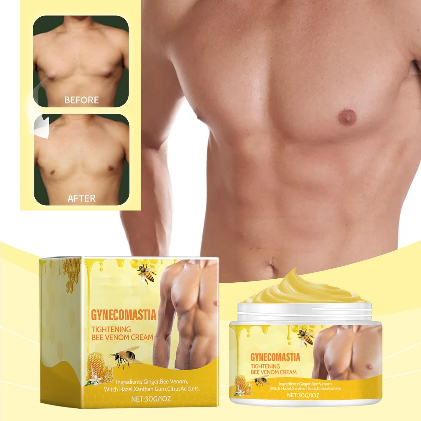 GNAUMORE Bee Venom Chest Tightening Massage Cream,Gynecomastia Tightening Cream,Gynecomastia Cellulite Reduction Cream,Male Chest Massage Cream,Natural Man Chest Creams for Tummy Belly And Waist 30G
