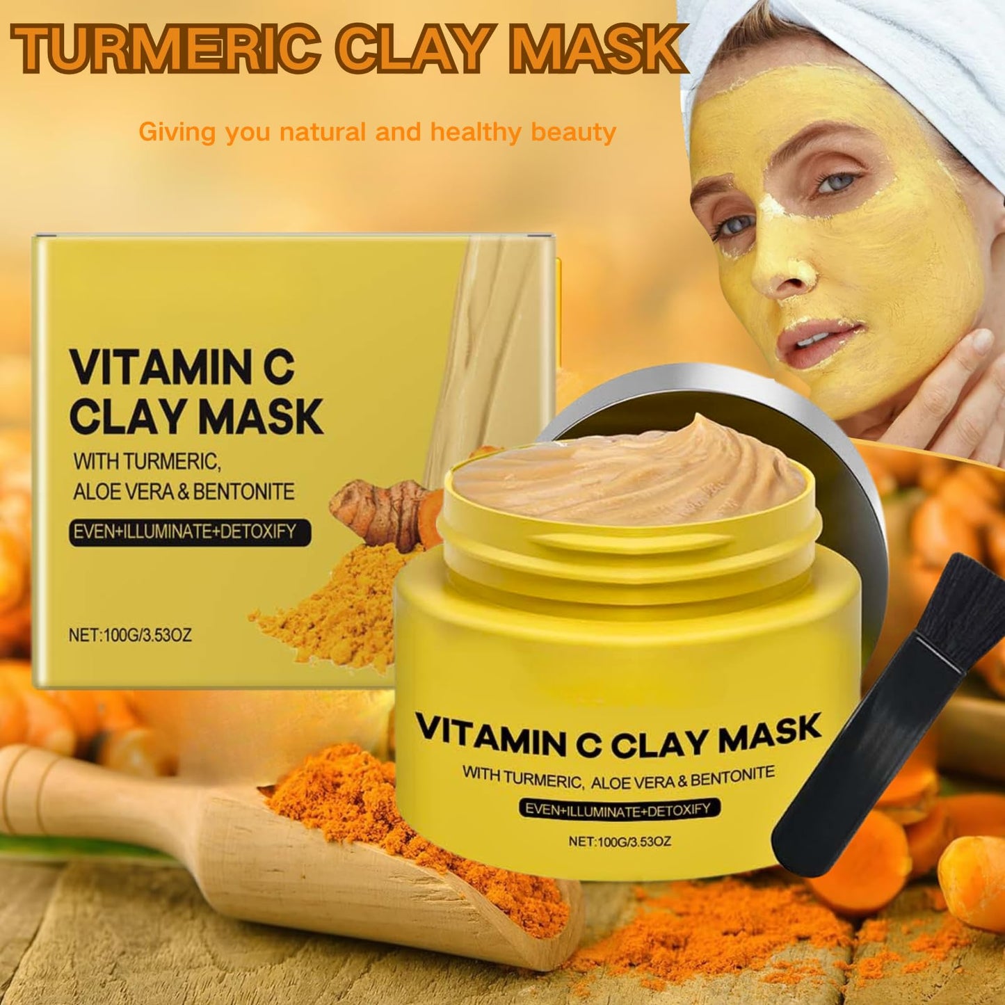 TBeautfave Turmeric Vitamin C Clay Mask Deep Cleansing Face Mask Skin Care Improve Dark Spots and Even out skin tone Facial Mask