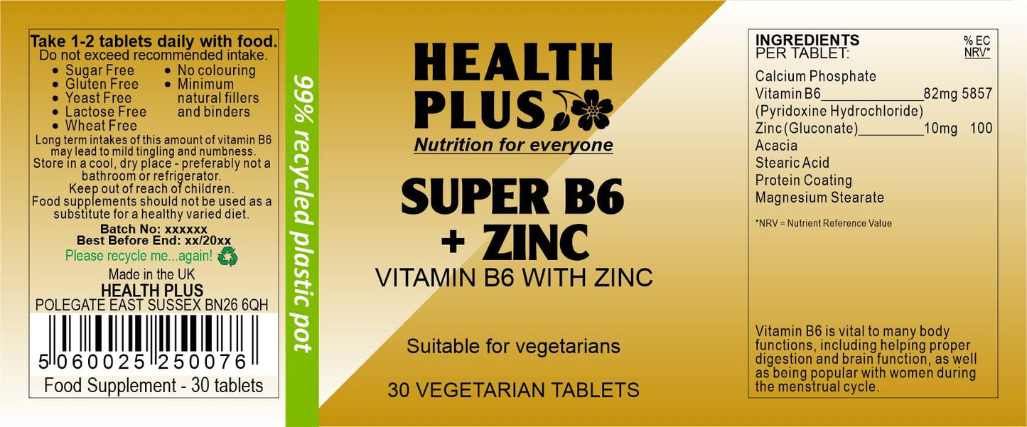 Health Plus Super B6 + Zinc : Vitamin B with Zinc Supplement : 30 Tablets, in a Planet-Friendly 99% Recycled Pot
