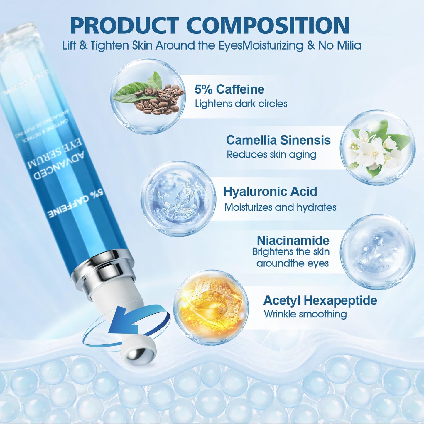 Allony Caffeine Eye Cream, Eye Cream for Dark Circles and Puffy Eyes, Eye Cream Anti Aging, Eye Bags Remover, Moisturizing, Firming and Anti-wrinkle(20ml)