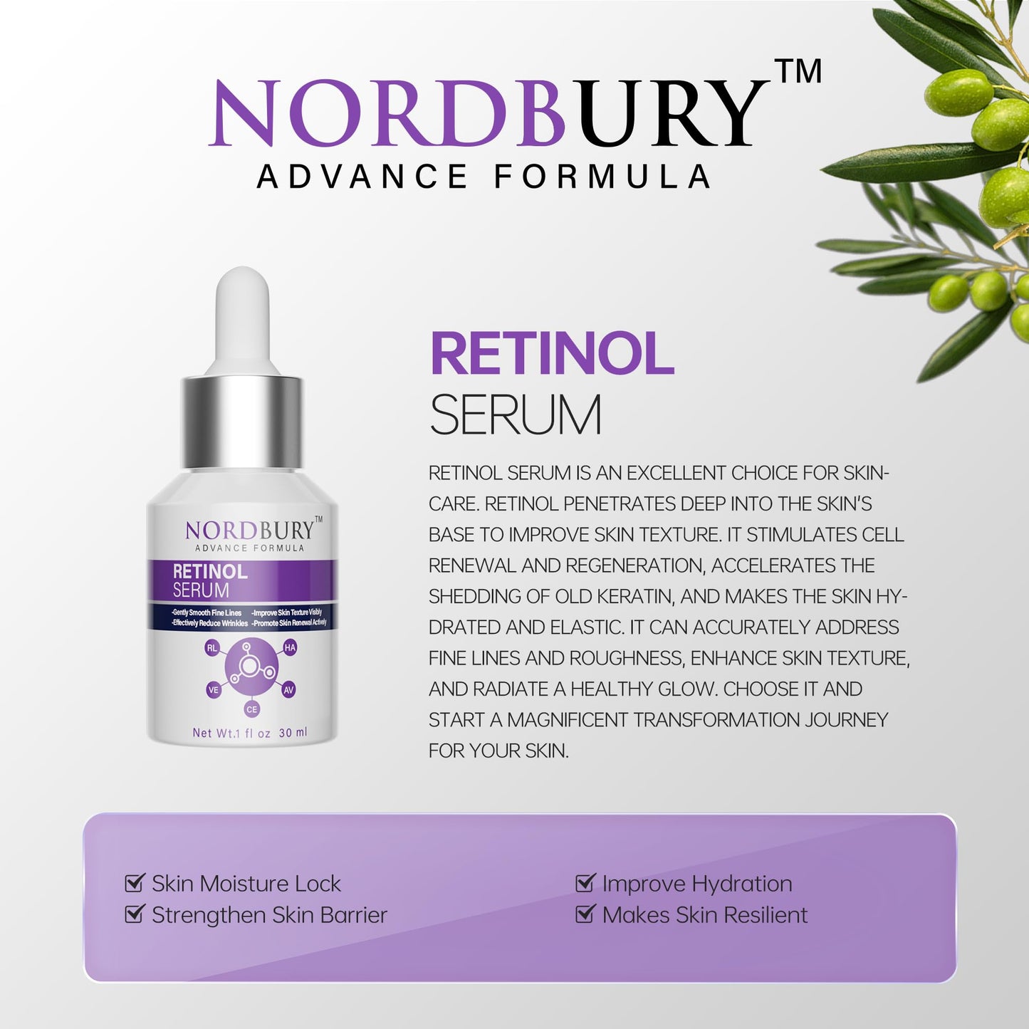 NORDBURY Retinol Serum, 2.5% Retinol with Vitamin E Ceramide Hyaluronic Acid & Organic Aloe Vera, Smooth Fine Lines Reduce Wrinkles and Improve Texture Skin Renewal Actively Night & Day