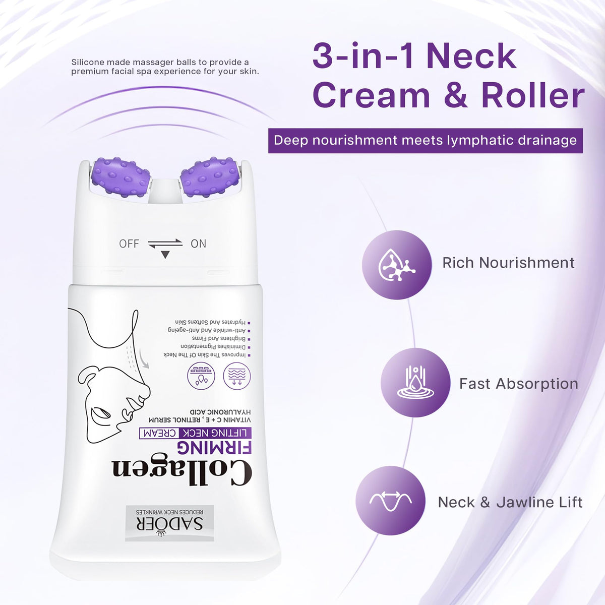 VRAIKO SADOER Gua Sha Neck Cream, Retinol Firming Cream for Neck & Jawline Lifting with Double Massage Rollers, Décolleté Moisturizer for Fine Lines, Elasticity and Hydration, 3.8 oz