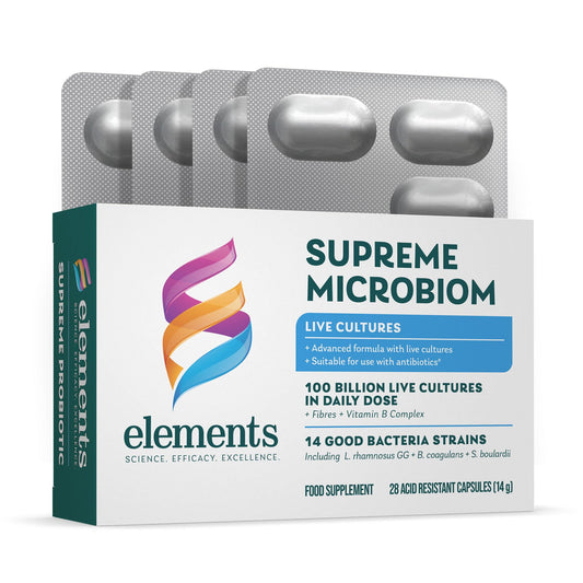 ELEMENTS Elements Supreme Microbiom - Probiotic Supplement with 14 Bacteria strains -100 Billion CFU with Fibres, Vitamin B Complex for Health Support, no GMO, Gluten Free, 28 Gastro-Resistant Capsules