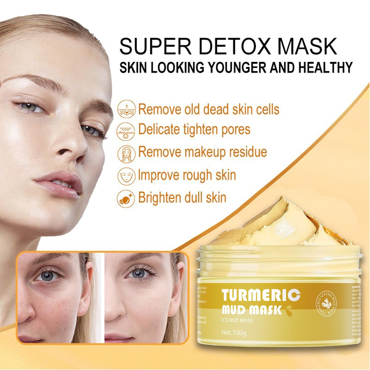 FANFALUV Turmeric Clay Mask-Organic Face Masks Skincare With Vitamin C Helps To Reduce Acne And Dark Spots,Anti-Aging,Firms Skin,Blackhead Remover,Even Out Skin Tone-Turmeric Clay Face Mask (100g)