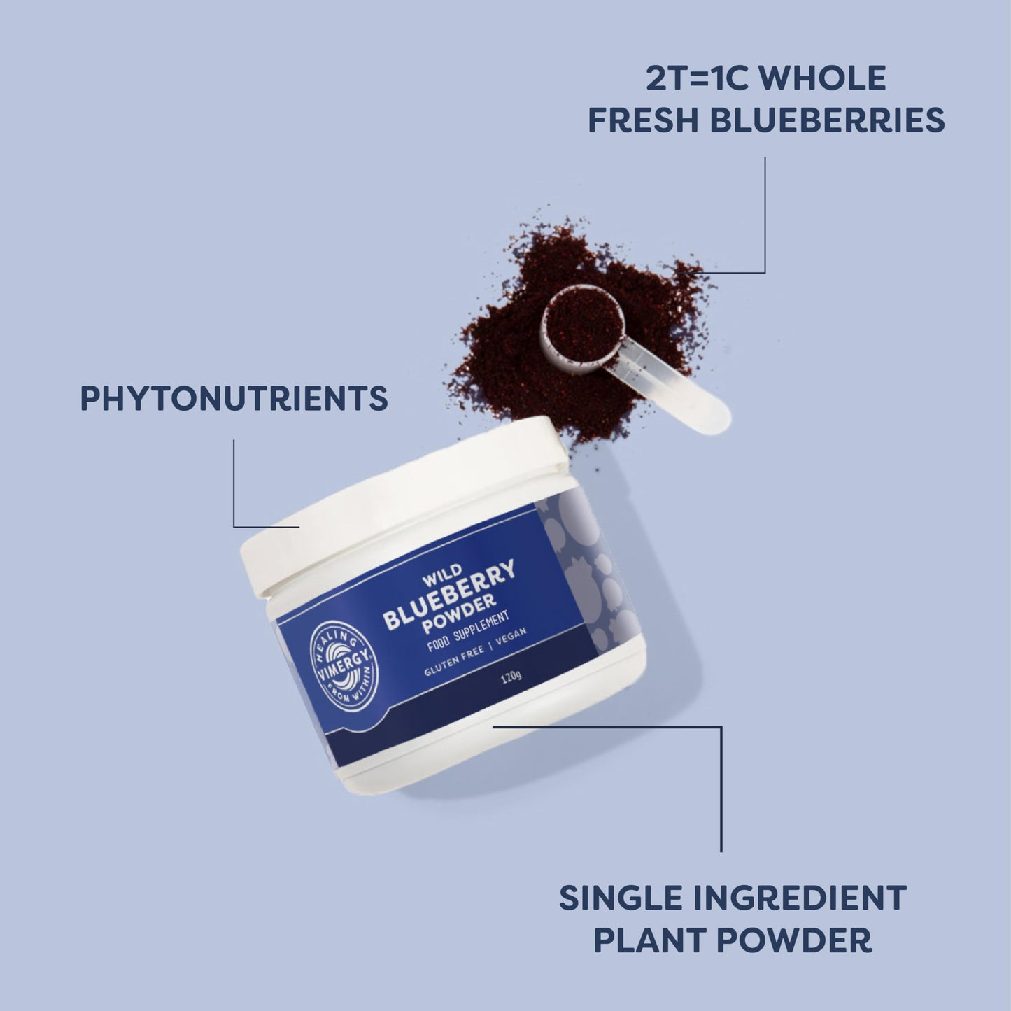 Vimergy Wild Blueberry Powder, 31 Servings – Wild Blueberry – Blueberry Powder from Whole Blueberries– Vegan Supplement – Formulated Without Added Sugar or fillers – Non-GMO & Gluten-Free (120g)
