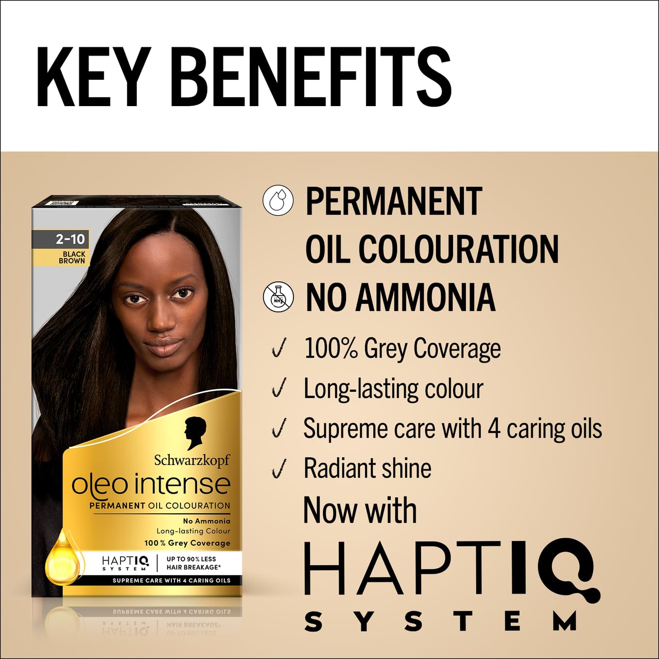 Schwarzkopf Oleo Intense Permanent Oil Colour 2-10 Black Brown Hair Dye, 100% Grey Coverage, Conditioner with HaptIQ System, Long-Lasting Colour, Ammonia Free Hair Dye