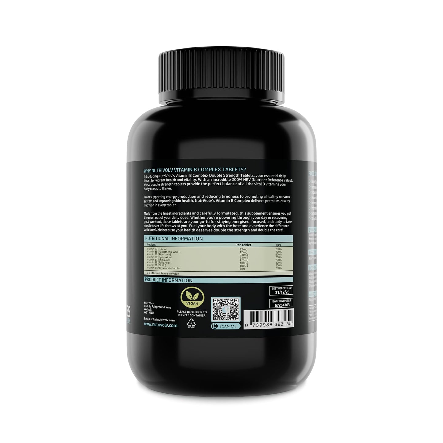 Vitamin B Complex | 365 Vegan Tablets (1 Year Supply) | Vitamin B1, B2, B3, B5, B6, B7 (Biotin), B9 (Folic Acid) & B12 | Reduction of Tiredness, Energy & Immune Support | Made in The UK | by NutriVolv