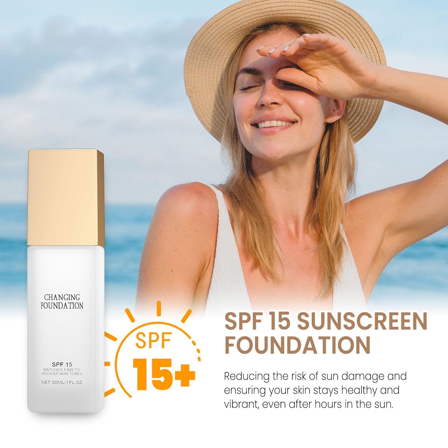 BloomBelle Colour Changing Mature Skin Foundation with Brush, Colour Changing Foundation Full Coverage, Tinted Sunscreen SPF15, Liquid Makeup Base, One Step Concealer Cream, Matches Fair To Medium Tones