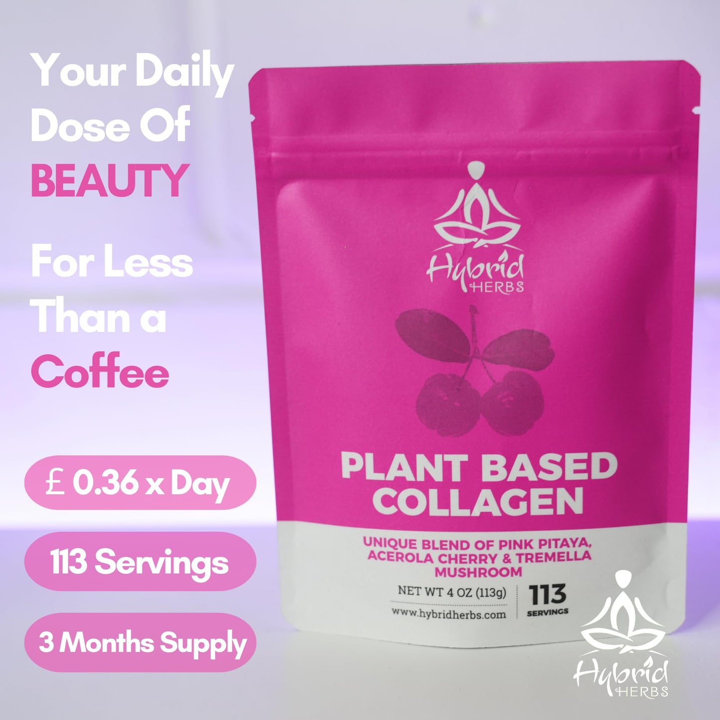 HYBRID HERBS – Plant Based Collagen Powder - Anti Aging Supplement for Skin, Wrinkles, Hair Growth with Pink Pitaya, Acerola Cherry & Tremella Mushroom Extracts | 113 Servings (113g) – Vegan Collagen
