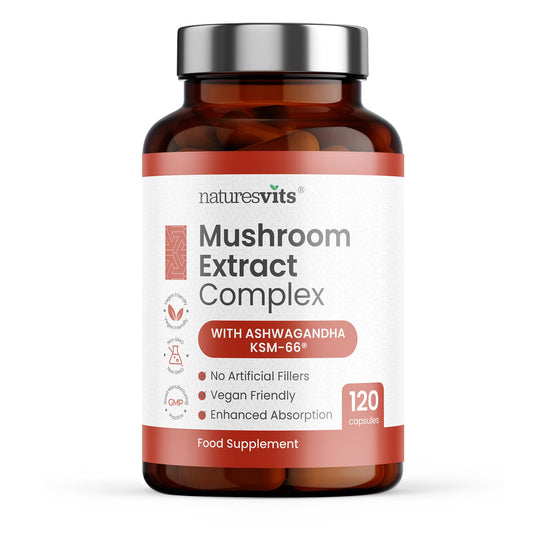 NaturesVits 6 Mushroom Supplement with Ashwagandha, 120 Capsules - Lions Mane, Cordyceps, Shiitake, Reishi, Chaga and Maitake - Complex Mood, Focus and Brain Support Herbal Nootropic - 40% Polysaccharides