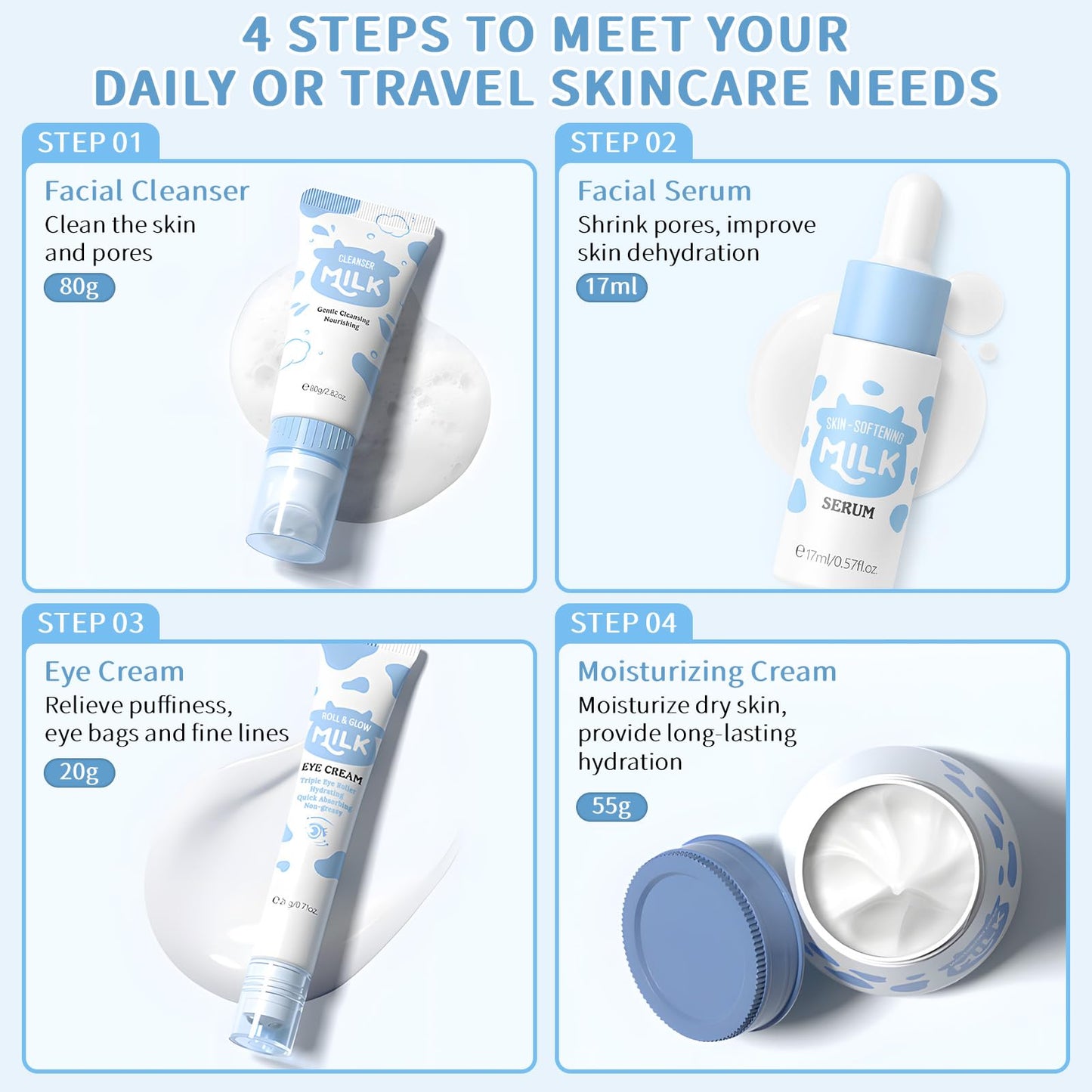 Milk Skin Care Sets & Kits For Teen Girls, 4PCS Skin Care Routine Set With Cleanser, Serum, Eye Cream, Cream For Women, Shrink Pores & Moisturizing, Face Skincare Kit Travel Size For Fine Lines, Acne.