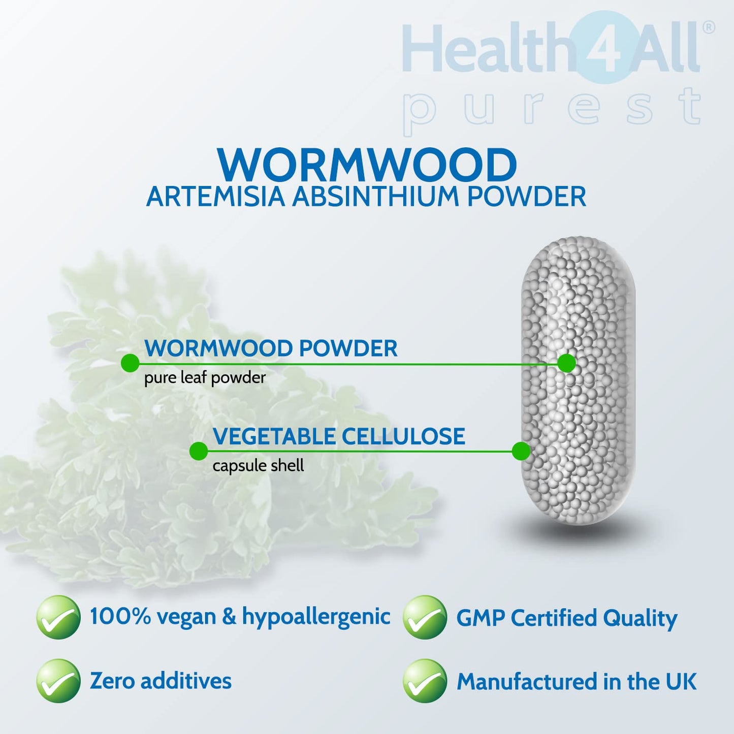 Health4All Wormwood 250mg 90 Capsules (V) Purest: no additives. Vegan Artemisia Absinthium Supplement