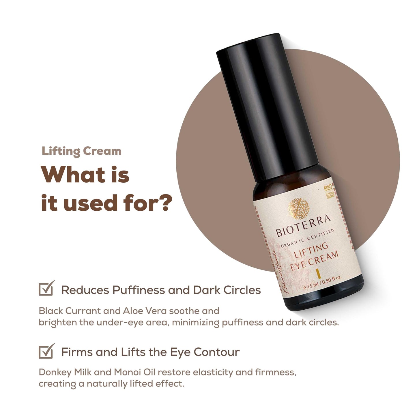 Bioterra Organic Lifting Eye Cream, Natural Ingredients with Donkey Milk and Black Currant, Anti-Aging, Nourishes & Reduces Wrinkles, 15 ml