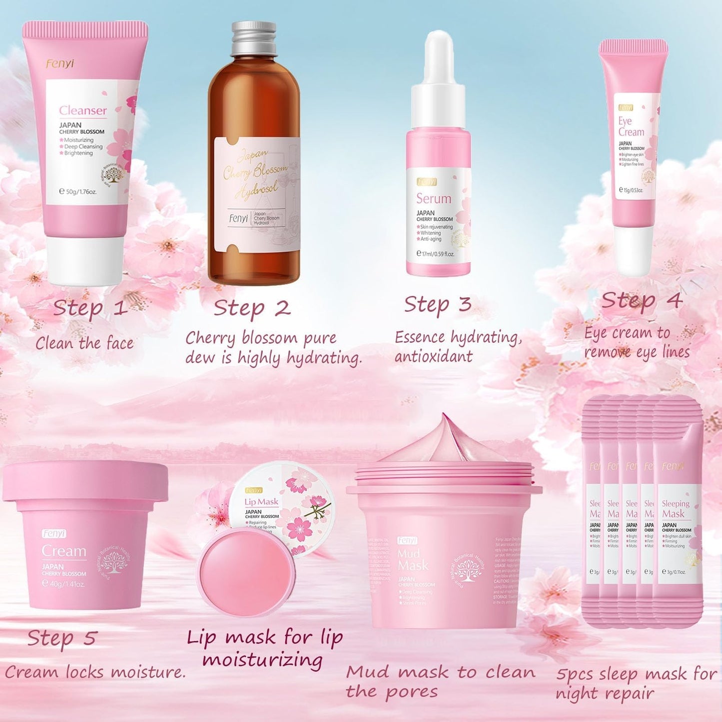 Skincare Gifts For Teenage Girls - Sakura Skincare Sets - Pamper Sets For Women - Skin Care Set & Kits - Beauty Gift Sets for Her - Cleanser,Hydrosol,Serum,Cream,Eye Cream,Mask,Lip Mask,Mud Mask