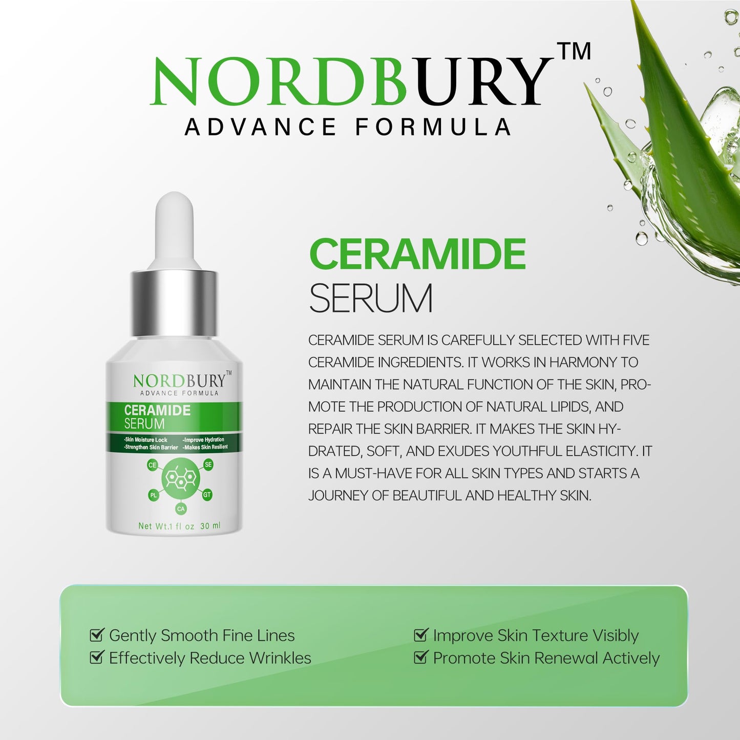 NORDBURY Ceramide Serum, 5X Ceramide with Panthenol Centella Aisatica Green Tea & Squalane, Skin Moisture Lock Strengthen Skin Barrier Improve Skin Hydration & Resilience Day and Night